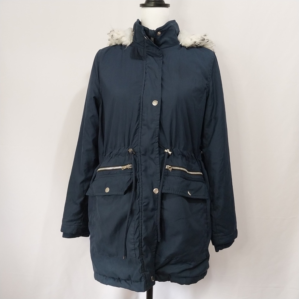 Tiffosi Navy Blue Hooded White Faux Fur Zip Up Button Down Long Sleeve Jacket M - Picture 2 of 15